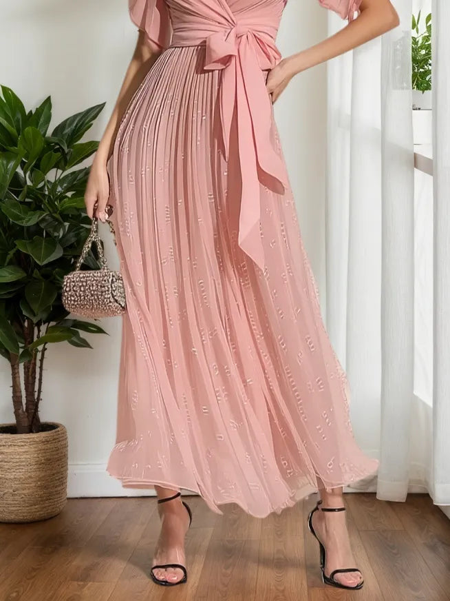 Pink Ruched Bow Chiffon V Neck Short Sleeve Sheath Maxi Dress