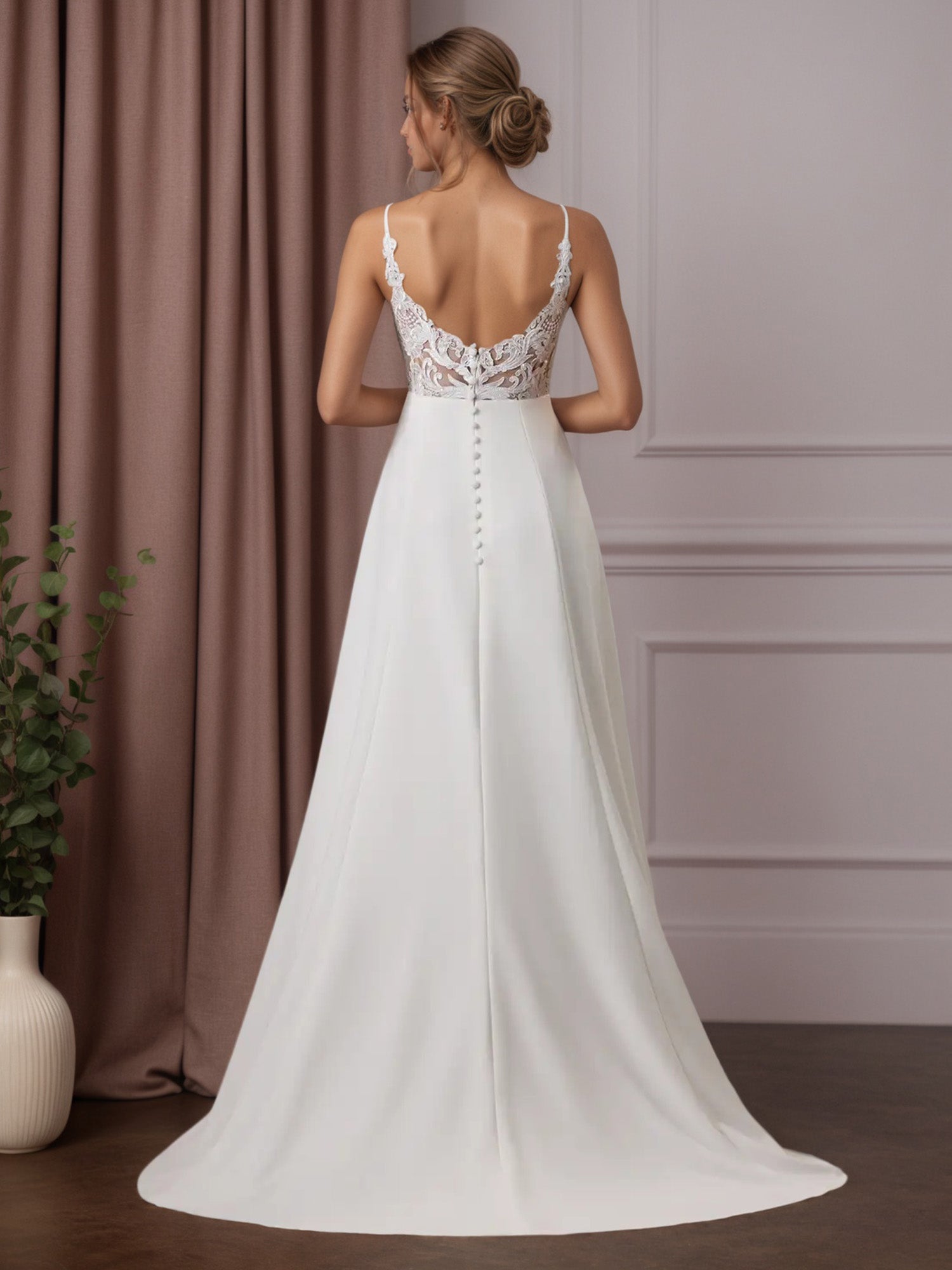 White A-Line V-Neck Sequins Stretch Crepe Wedding Dress