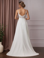White A-Line V-Neck Sequins Stretch Crepe Wedding Dress