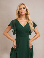 Dark Green A Line Chiffon V Neck Floor Length Bridesmaid Dress With Ruffle