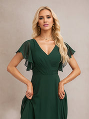 Dark Green A Line Chiffon V Neck Floor Length Bridesmaid Dress With Ruffle