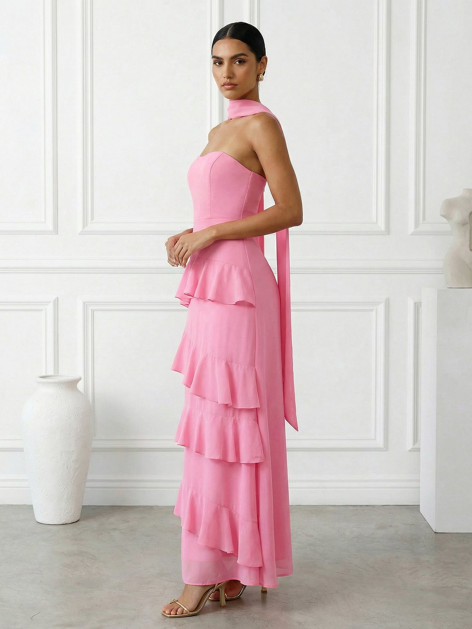 Hot Pink Strapless A Line Tiered Maxi Dresses with Scarf