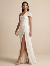 One Shoulder Pleated Chiffon Evening Dress with Side Slit