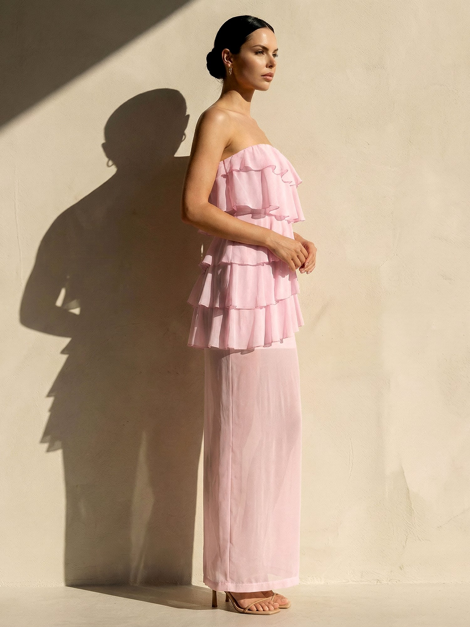 Pink Strapless Tiered Maxi Dresses for Women A Line Evening Dress