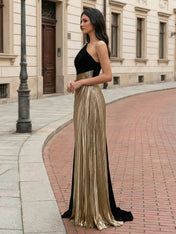 Evening Formal Dress Black Gold Metallic One-Shoulder Maxi Gown