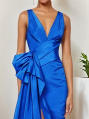Blue Ruched V Neck Dresses Sleeveless A-Line Gown