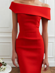 Semi-Formal Party Dress Red Off-The-Shoulder Midi Dress