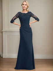 A-line Scoop Floor-Length Chiffon Lace Mother of the Bride Dress With Beading Pleated Sequins