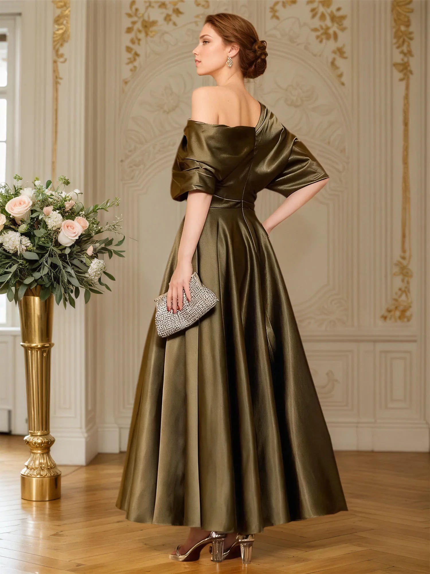 A-line Short Sleeves Pleated Ankle-Length Silk like Satin Mother of the Bride Dress