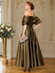 A-line Short Sleeves Pleated Ankle-Length Silk like Satin Mother of the Bride Dress
