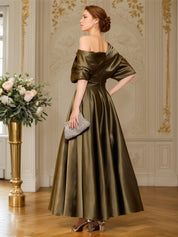 A-line Short Sleeves Pleated Ankle-Length Silk like Satin Mother of the Bride Dress