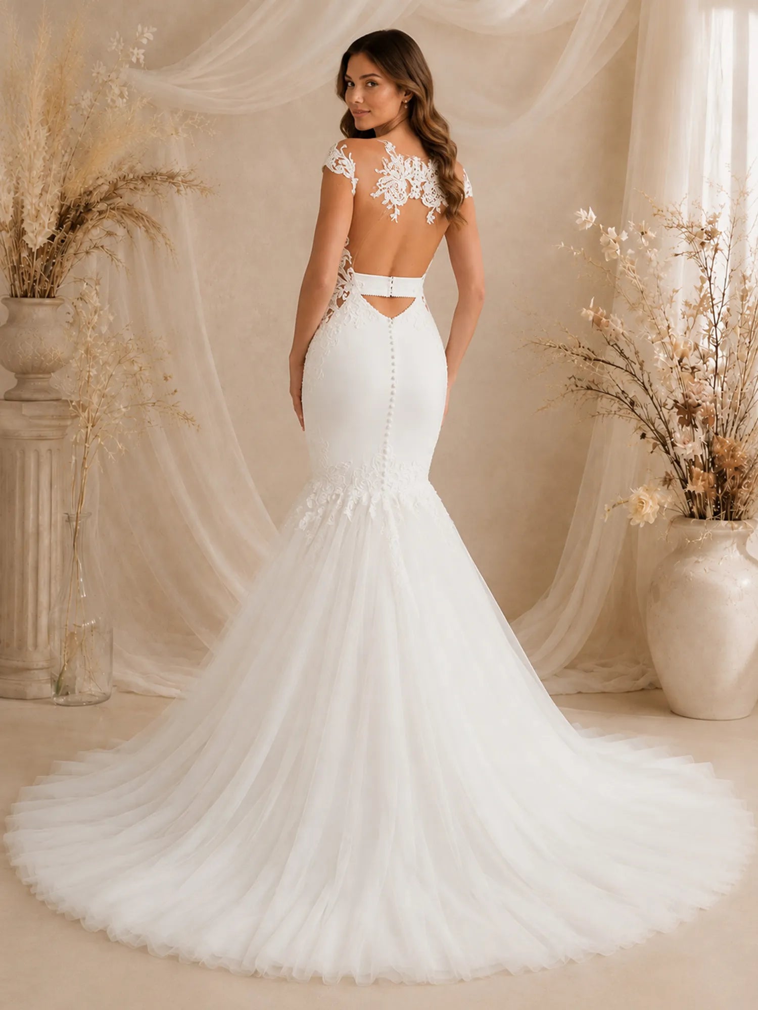 Elegant Off-The-Shoulder Mermaid White Lace Wedding Dress with Chapel Train