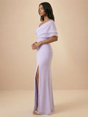 Lilac Off-the-Shoulder Slit Evening Gown with Draped Maxi Dress
