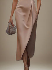 Wedding Guest Dress Round Neck Sleeveless Asymmetrical Length Dress With Pocket