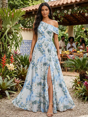 One-Shoulder Floral Print A-Line Evening Gown with High Slit