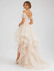 Elegant Off-the-Shoulder Lace High-Low A-Line Wedding Dress with Layered Organza Ruffles