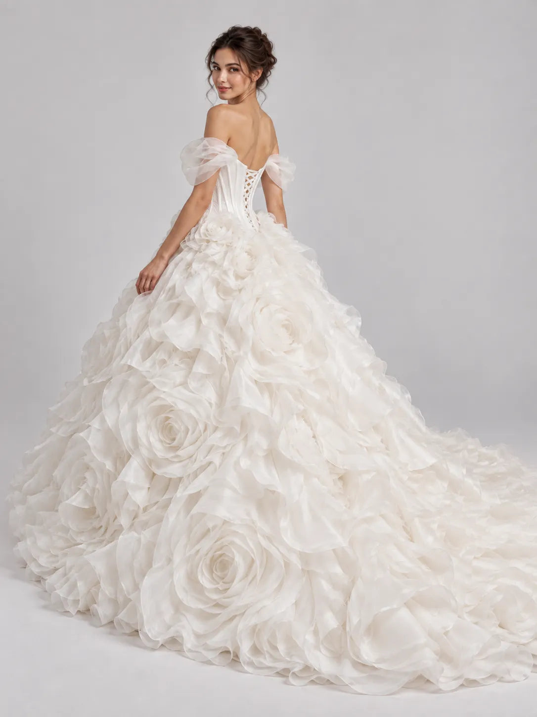 Off-The-Shoulder Sweetheart Ruffled Rose Applique Ball Gown Wedding Dress