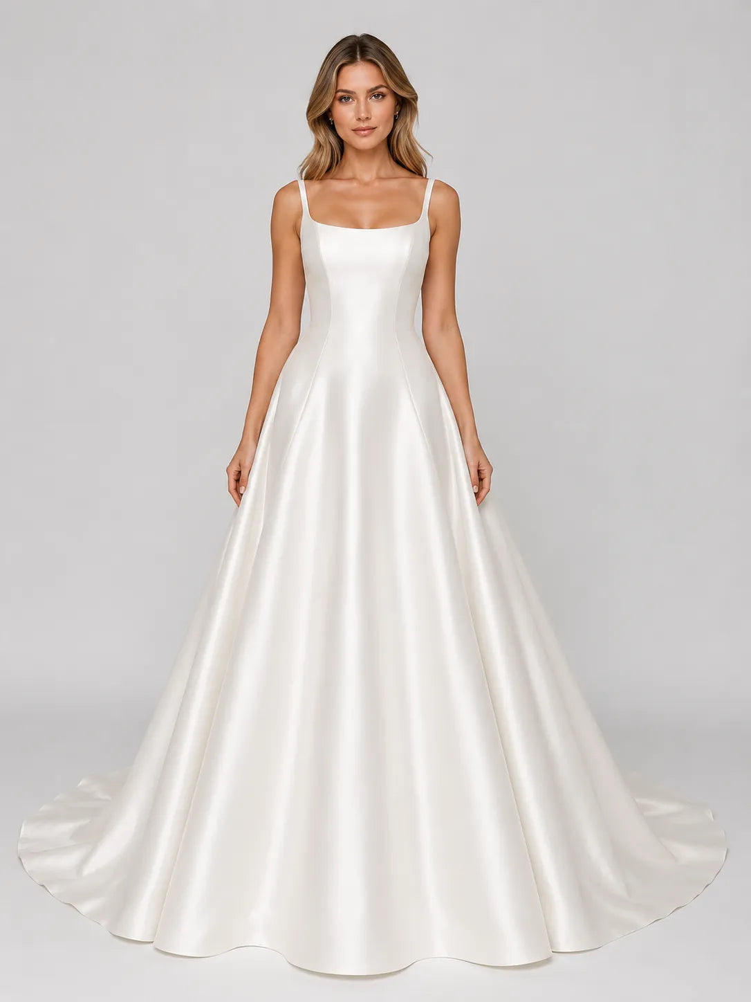 Elegant Square Neck Satin A-Line Wedding Dress with Low Scoop Back and Chapel Train