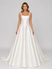 Elegant Square Neck Satin A-Line Wedding Dress with Low Scoop Back and Chapel Train