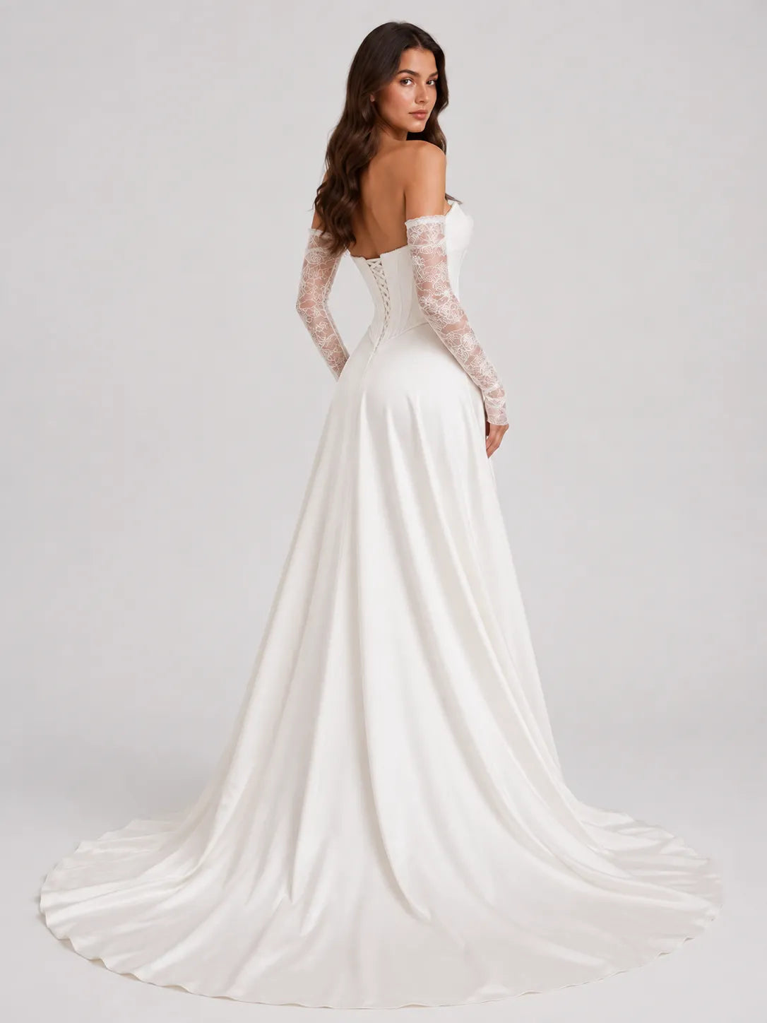 Strapless Corset Satin A-Line Wedding Dress with 3D Flower and Lace Sleeves