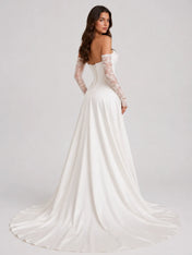 Strapless Corset Satin A-Line Wedding Dress with 3D Flower and Lace Sleeves