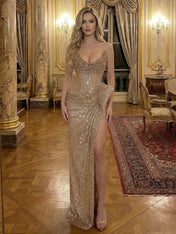 Champagne Gold Crystal-Embellished Corset Long Prom Dress with Slit