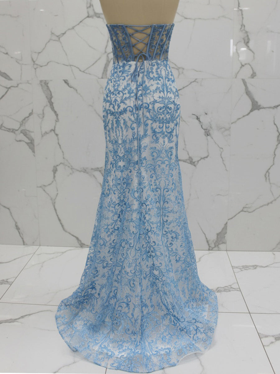 Blue Strapless Pearl Beaded Ruched Long Corset Prom Dress