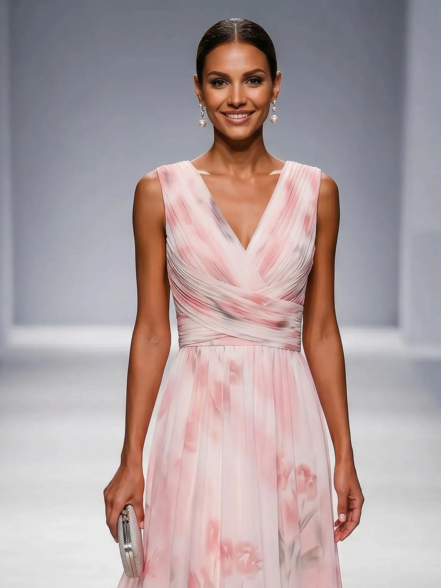 Romantic Light Pink Floral Print Chiffon A-Line Evening Gown with Ruched V-Neck