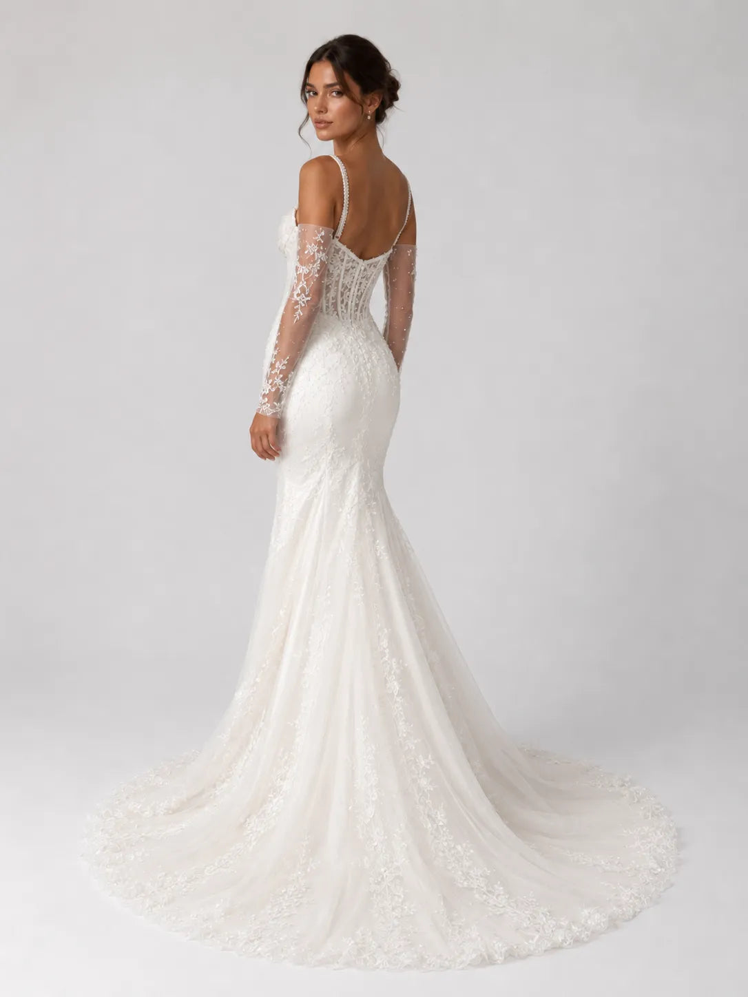 Elegant Pearl Strap Mermaid Wedding Dress with Draped Neckline, Lace Sleeves and Chapel Train