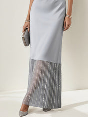 A Line Silver Satin Spaghetti Straps Sleeveless Floor Length Dress With Sequins