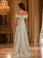 Bardot Neck Sage Green Brocade Floor-Length Evening Dresses with High-Low Hem