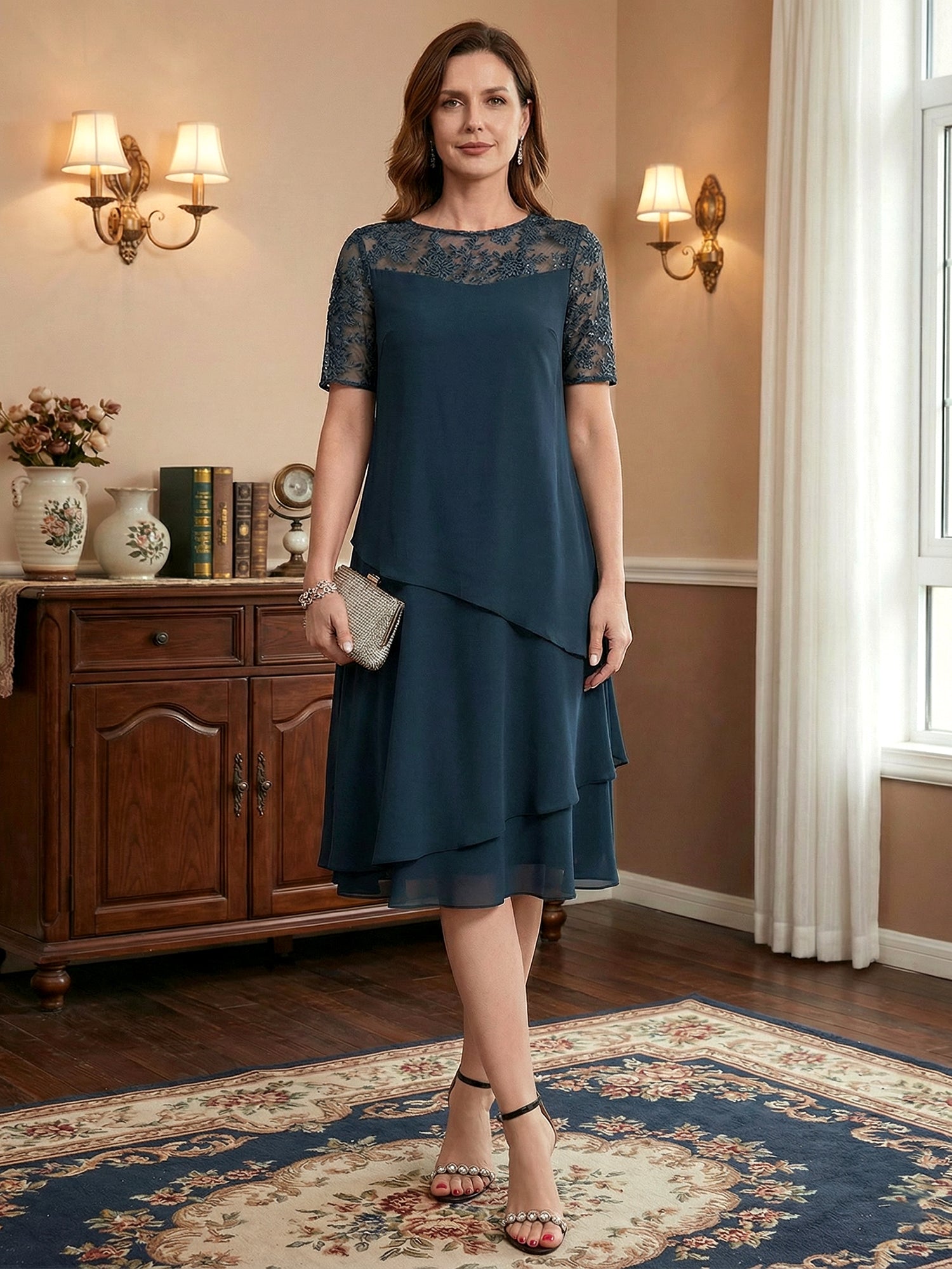 A-line Scoop Illusion Knee-Length Lace Chiffon Mother of the Bride Dress With Sequins