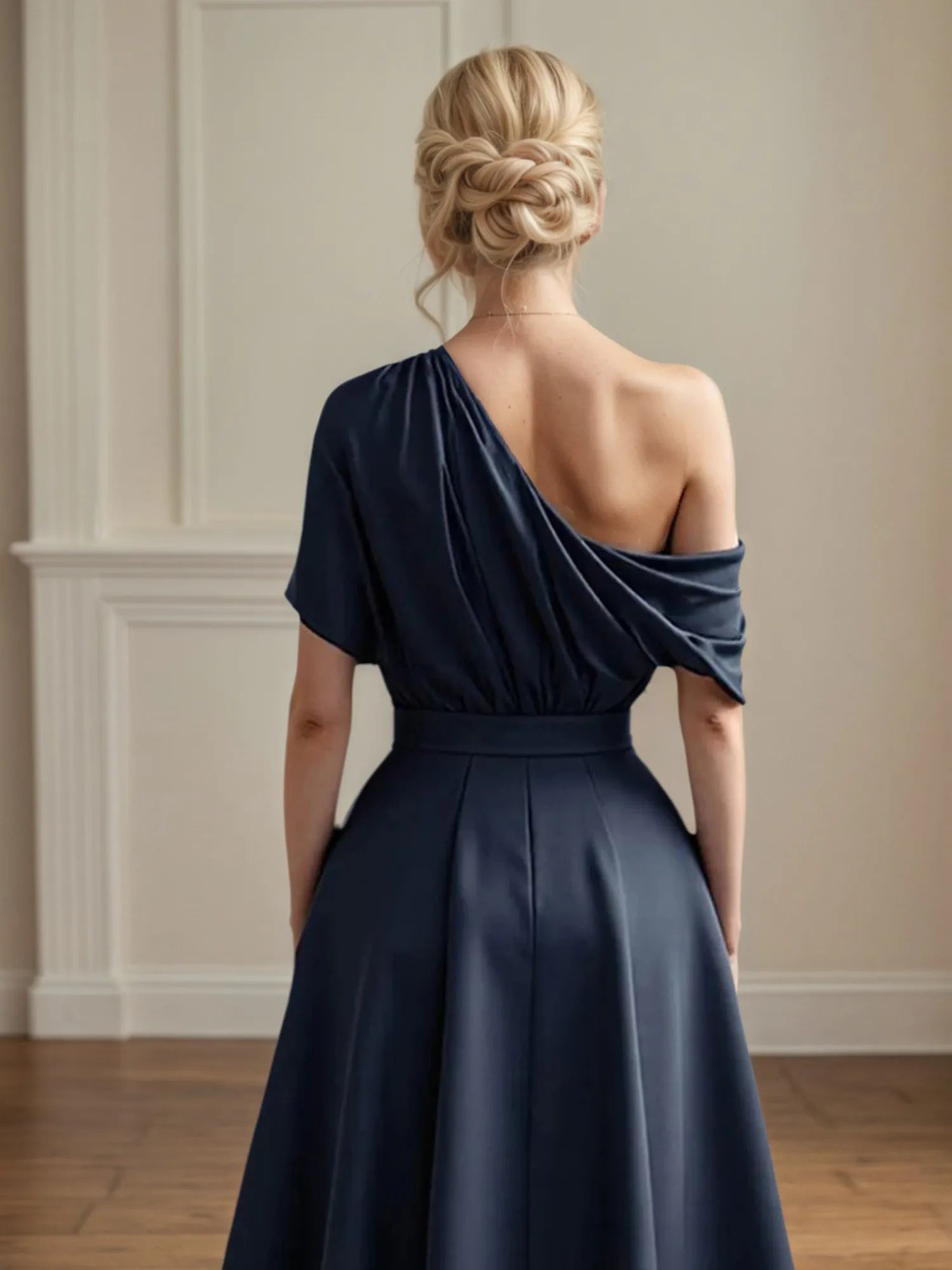 A Line Satin One Shoulder Pleated Ankle Length Mother of the Bride Dress