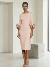 3/4 Sleeve Boat Neck Sheath Midi Dress with 3D Floral Cuffs