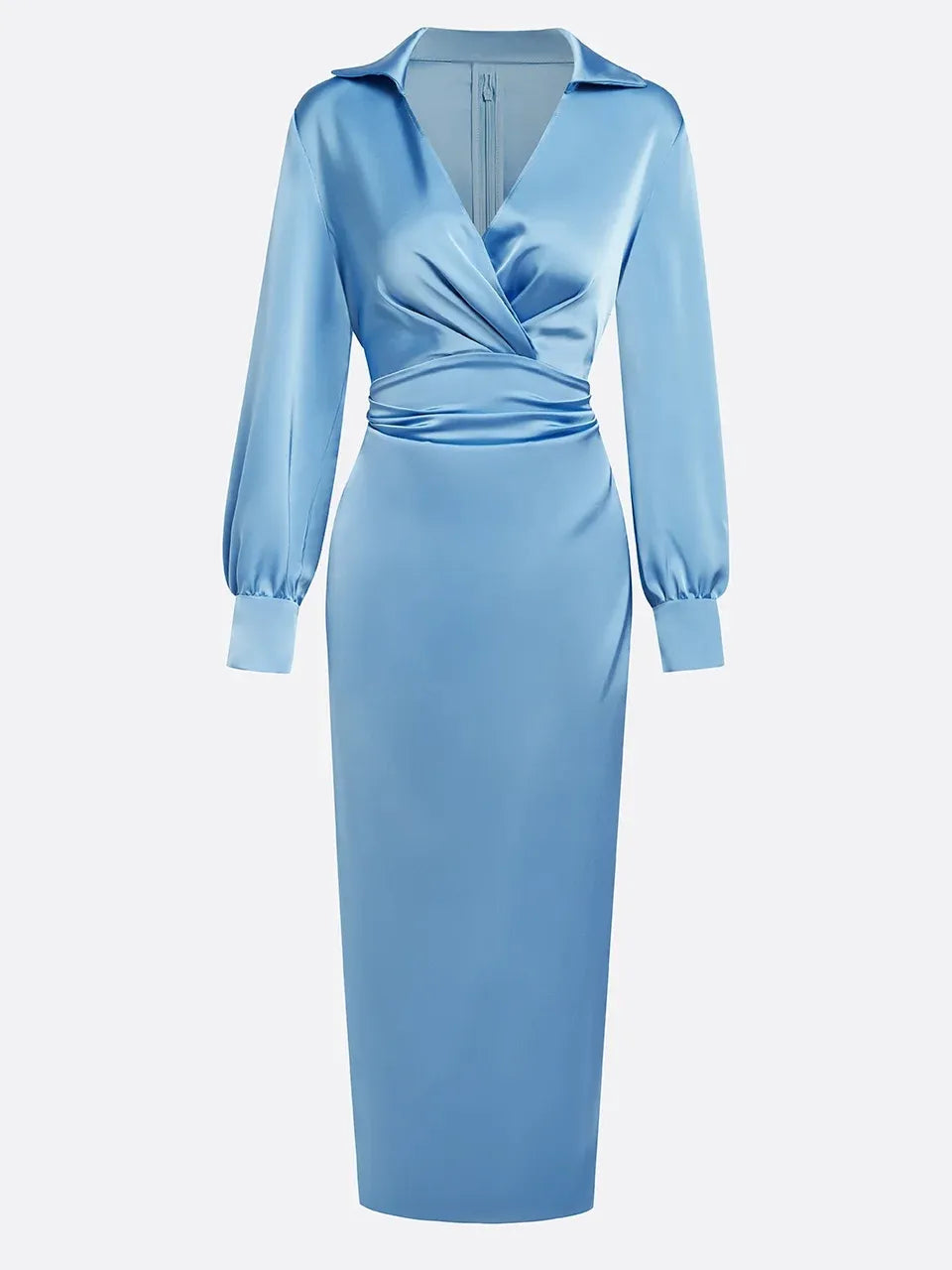 Blue Satin Ruched Shirt Collar Sheath Midi Shirt Dress
