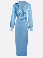 Blue Satin Ruched Shirt Collar Sheath Midi Shirt Dress