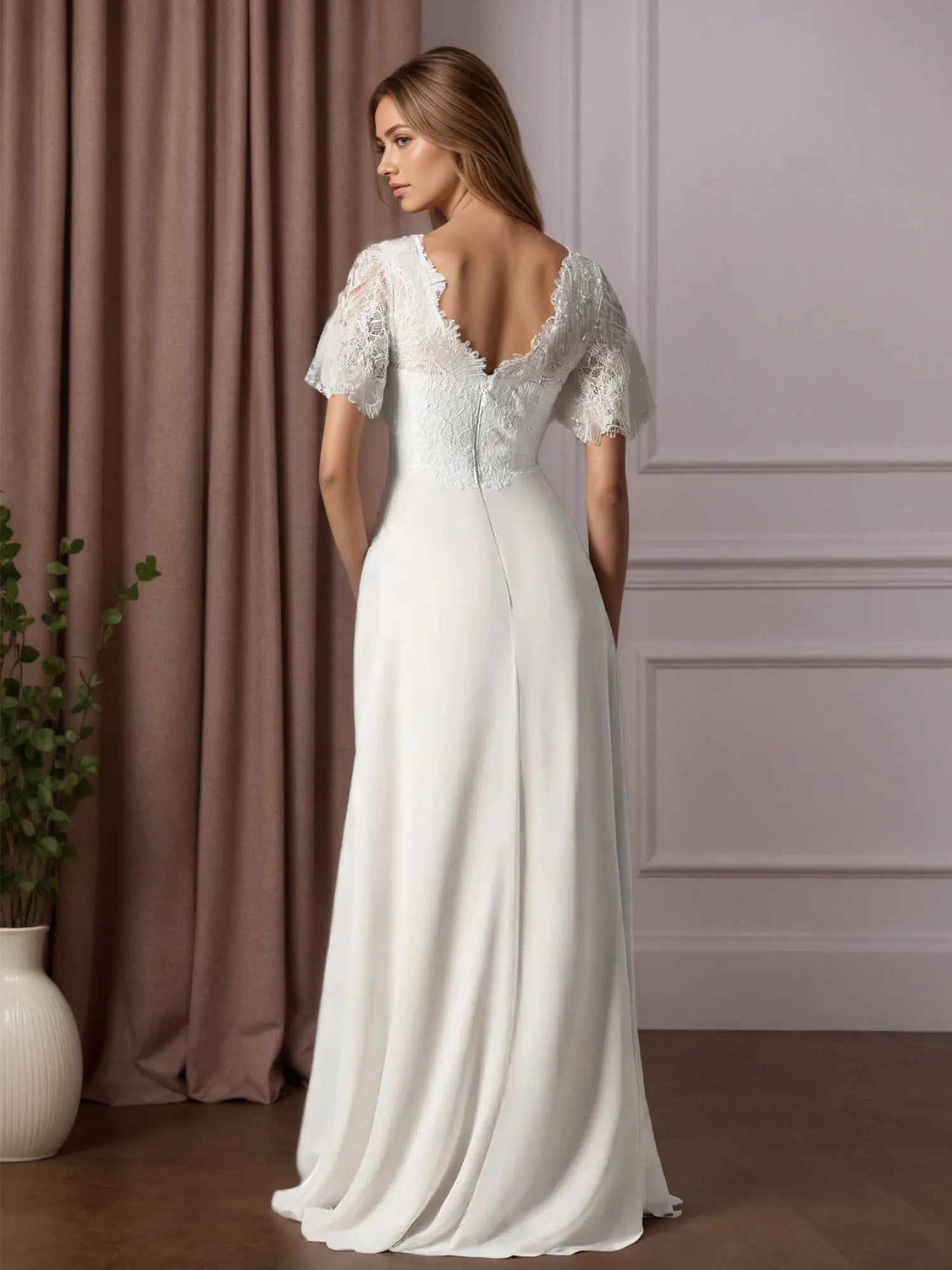 White A-Line V-Neck lace Chiffon Wedding Dress