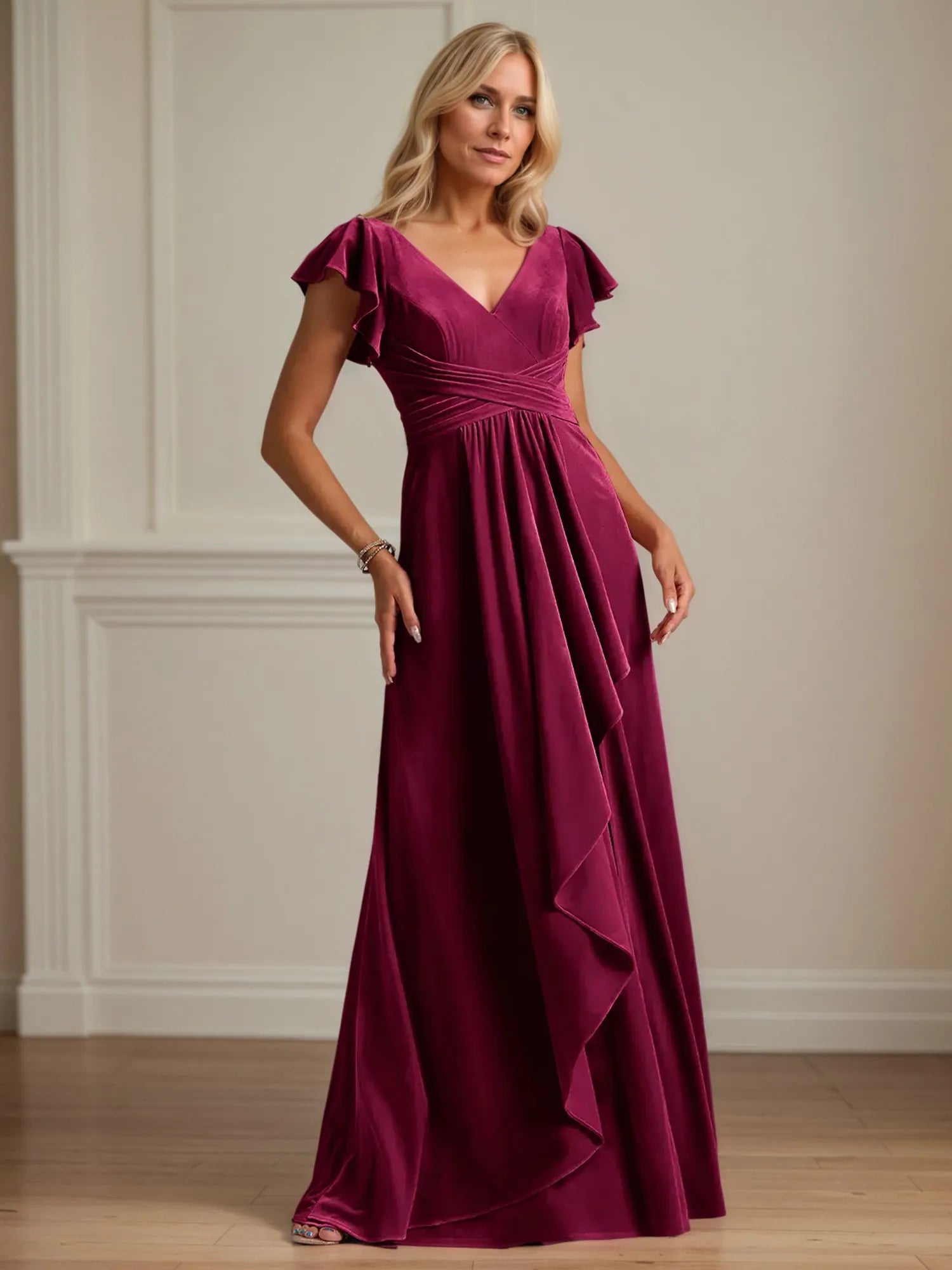 A Line V Neck Short Sleeve Velvet Mother of the Bride Dress With Ruffles