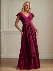 A Line V Neck Short Sleeve Velvet Mother of the Bride Dress With Ruffles
