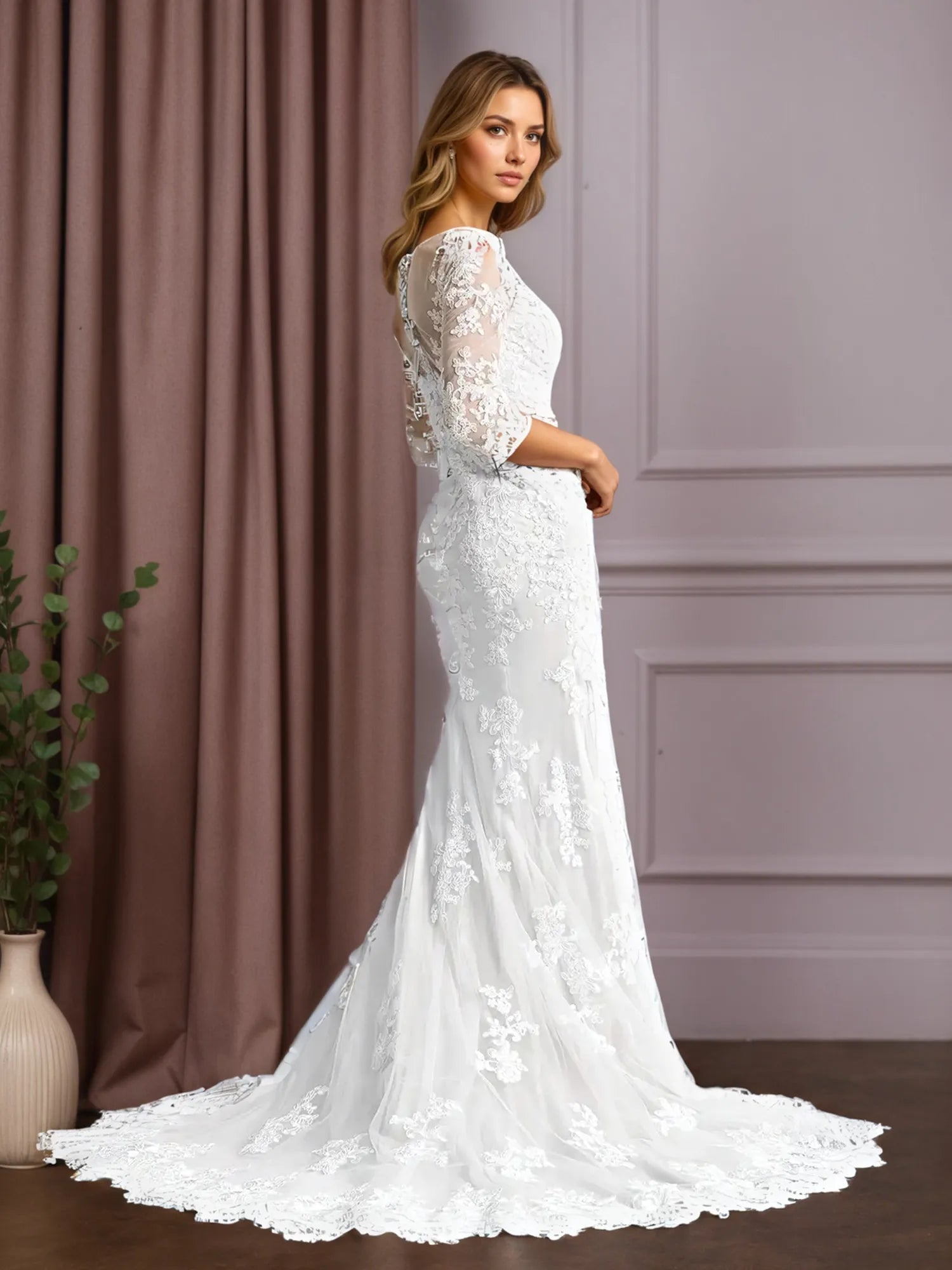White Mermaid V-Neck Lace Tulle Wedding Dress