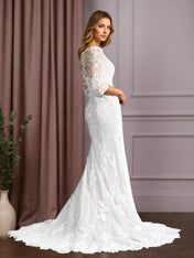 White Mermaid V-Neck Lace Tulle Wedding Dress