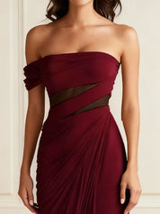 Formal Evening Dress Burgundy Off the Shoulder Ruched Maxi Dress