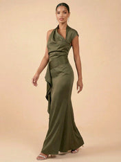 Olive Green One Shoulder Ruched Satin Evening Gown with Ruffle