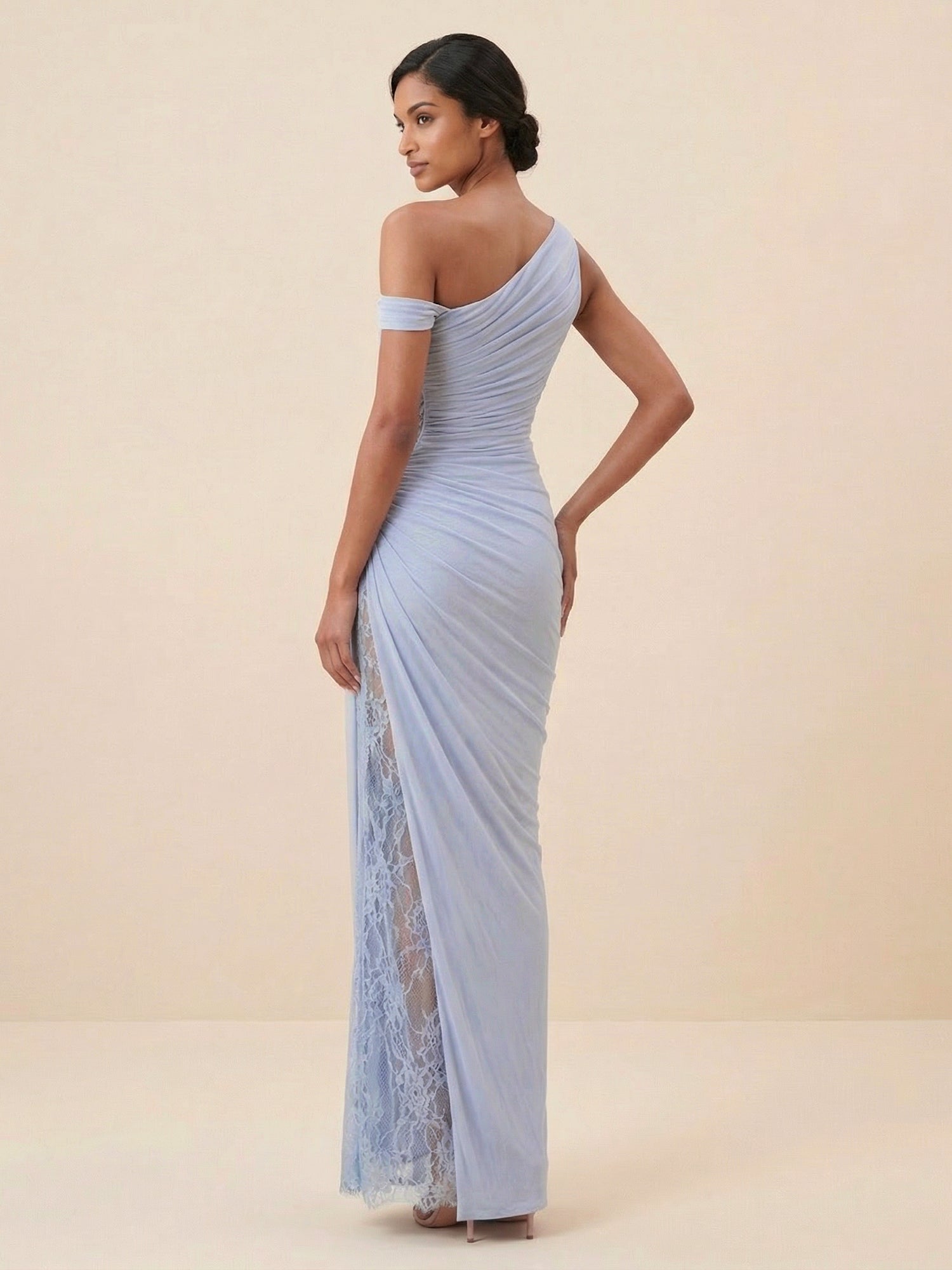 Elegant One-Shoulder Draped Maxi Dress with Lace Slit