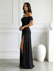 Black Off the Shoulder Mermaid Maxi Dress Prom Dress with Slit