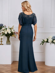 Sheath/Column Scoop Illusion Floor-Length Chiffon Lace Evening Dress With Pleated Sequins Beading
