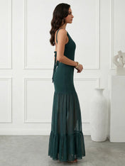 Dark Green Mermaid Boat Neck Maxi Dresses with Ruffle