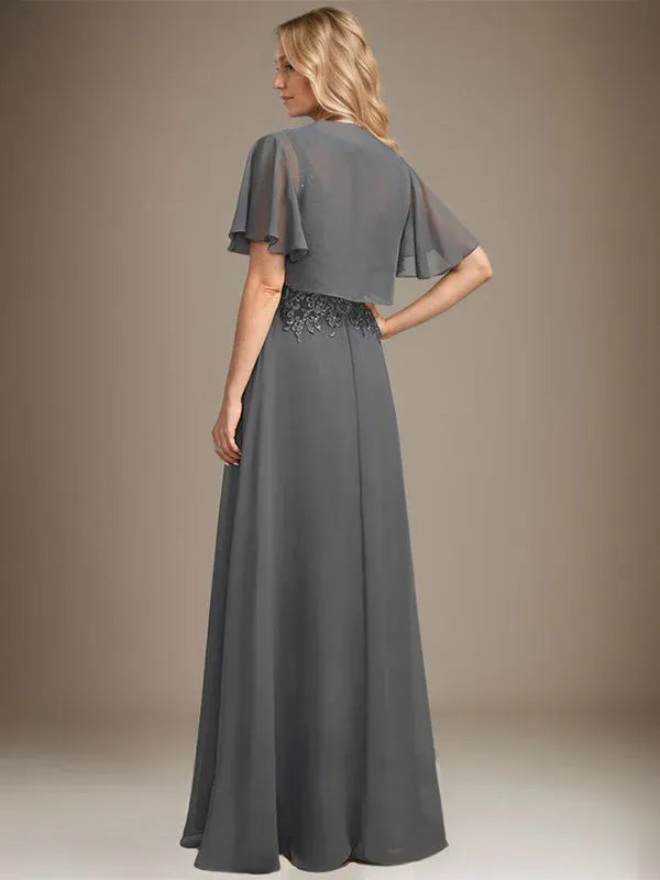 Robe de mère de la mariée trapèze en mousseline de soie et dentelle, longueur au sol, avec décolleté en V et paillettes 