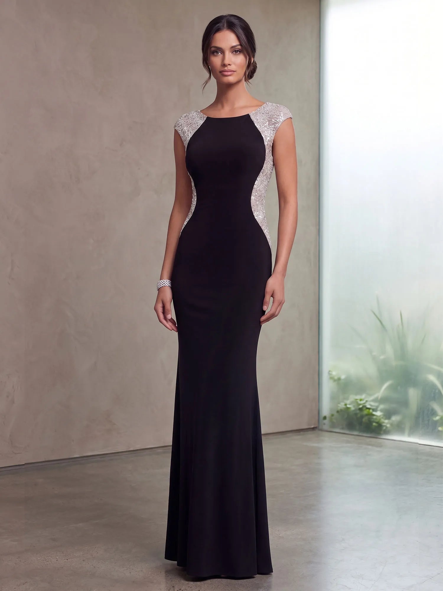 High Neck Cap Sleeve Sequin Contrast Mermaid Evening Gown
