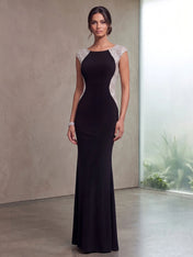High Neck Cap Sleeve Sequin Contrast Mermaid Evening Gown